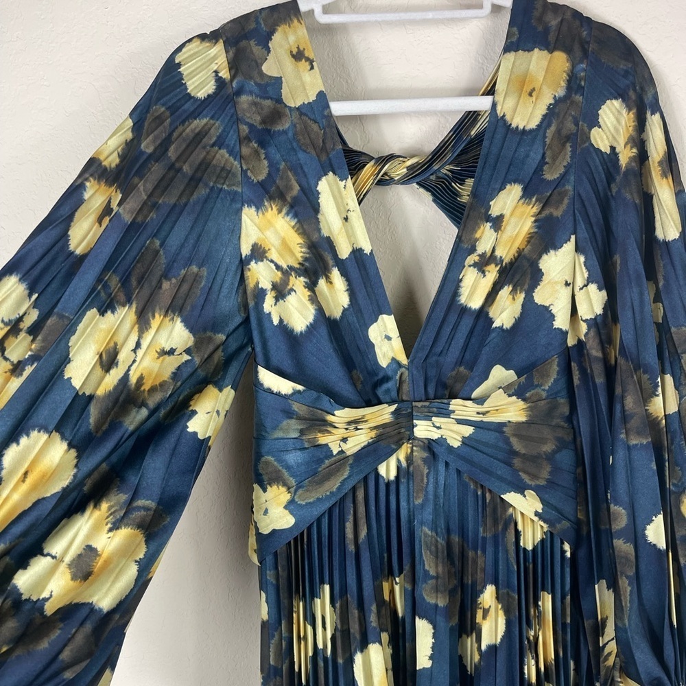 Acler Palms Pleated Long Sleeve Midi Dress Navy Floral Size 2 - Picture 7 of 15